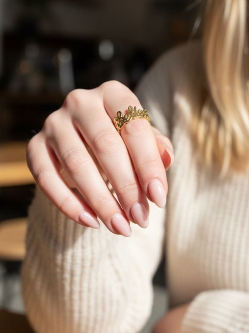 Gold Believe Script Stretch Statement Ring